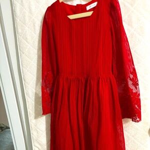 Girl's lightweight red lace party dress with lining like new size 7-8/130
